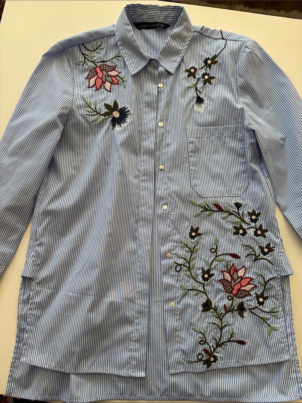 Zara Light Blue & White Striped Button-Down Shirt with Floral Embroidery